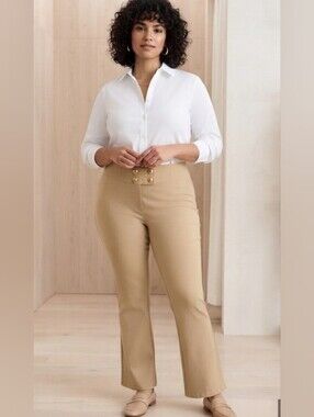 NWT ELLA RAFAELLA Taupe Flare Pants High Rise Gold Crest Buttons Size 16W / EG
